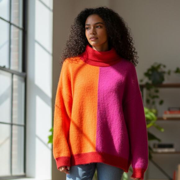 Colorblock Pink Orange Turtleneck Sweater Disco Neon Dopamine Glam Rock Women L - Picture 1 of 10